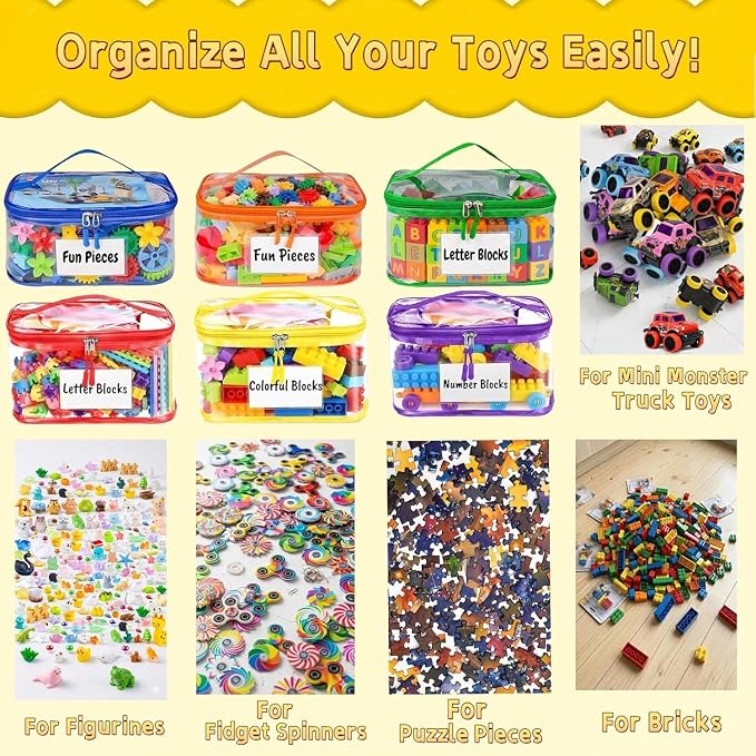 6 Pack Clear Toy Storage Bags, Kids Toy Organizer with Zipper, Waterproof PVC, Large Capacity for Puzzles, Blocks & Board Games, Easy Sorting with Labels