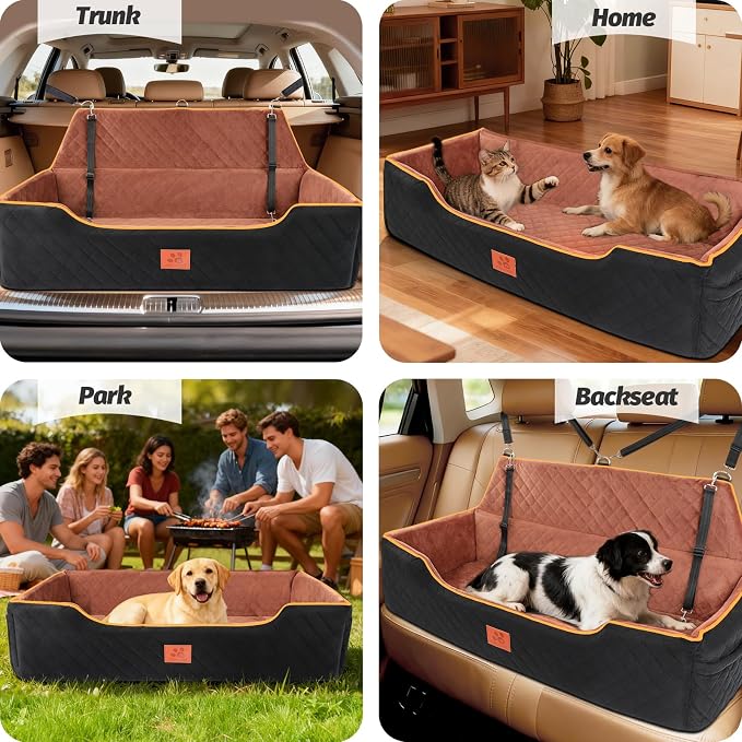 XIEEAOZEE Large Dog Car Seat for Pets Under 100 lbs, Backseat Dog Car Bed | Washable Pet Booster Seat for 2 Medium Dogs, Pet Travel Seat with Storage Pockets, Safety Belts