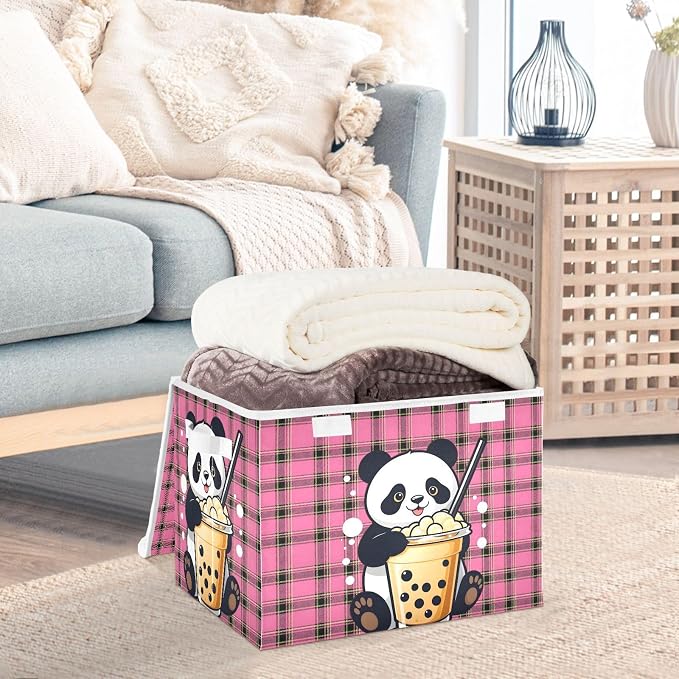 Panda Milk Tea Fabric Storage Bins with Lid Closet Storage Basket 40L | Foldable & Stackable, Flip Top Dust Guard, Reinforced Handles, Home & Bedroom, Clothes & Toys, Panda Print Basket