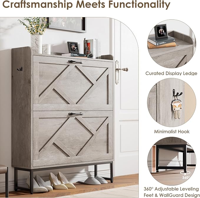 Shoe Storage Cabinet with 2 Flip Drawers, Entryway Organizer, Gray | Slim Shoe Cabinet with Metal Legs, Narrow Farmhouse Shoe Organizer for Entryway, Foyer, Hallway, Wood Shoe Rack with Hook