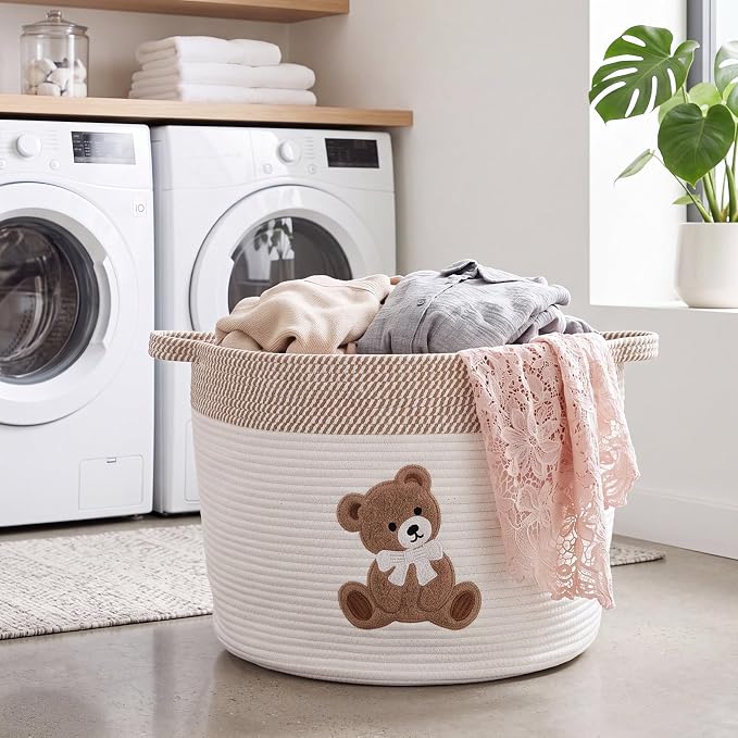 LemonRoad Extra Large Basket 20"x14", Woven Basket for Laundry Blanket Toy Box with Handle Storage, Blanket Storage for Living Room Nursery Pillows Chest(Cotton Rope,Bear,Brown White)