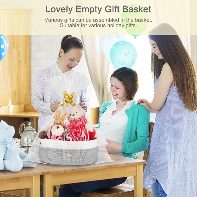 Small Woven Gift Basket with Bag & Ribbons, Cool Gray | Cotton Rope, 13”x 9”x 5.5”, Fits for Kids, Women & Men, Bedroom, Living Room, Nursery & Bathroom Storage, Cat & Dog Toy Boxes