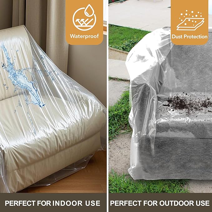 Clear Plastic Moving Sofa Couch Furniture Storage Covers | Extra Large 92x 62 x 42 Inch Moving Bags, With Label, Waterproof, Dust Proof