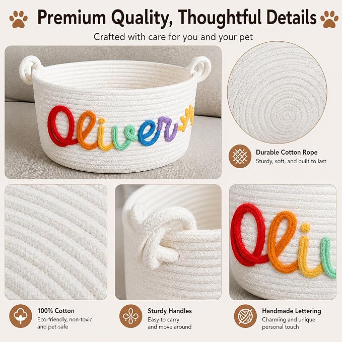 Personalized Dog Cat Toy Basket with Name | Custom Handwoven Cotton Rope Pet Toy Storage Basket for Dogs & Cats, Unique Gift for Pet Lovers