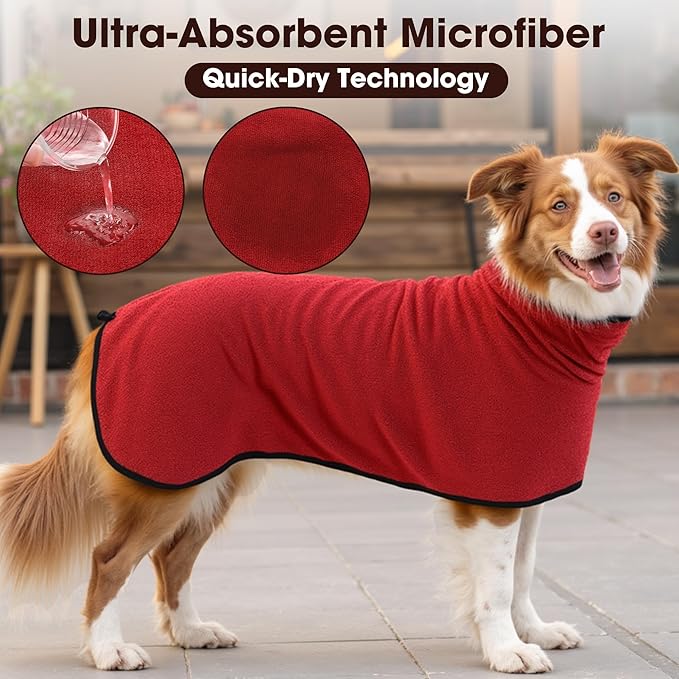 Microfibre Dog Bathrobe Towel Wrap Super Absorbent Dog Drying Coat Bath Robe for Puppy, Medium & Large Dogs, Fast Drying, Adjustable