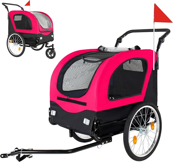 2-in-1 Bike Trailer & Pet Stroller for Dogs up to 110lbs– Foldable Pet Carrier Cart with Front Caster & 20'' Quick Release Air-Filled Wheels, Breathable Mesh and PVC Rain Cover, Red