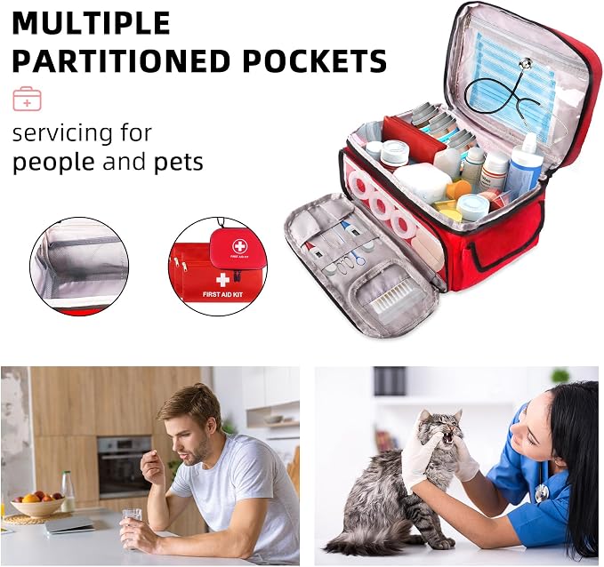 First Aid Bag Empty, 5-Set with Large Medical Organizer, 3 Portable Pouches & Hanging Bag for Home Car Travel Camping Office School Outdoor Adventure Medical Supplies,Pet First Aid Kits (Red)