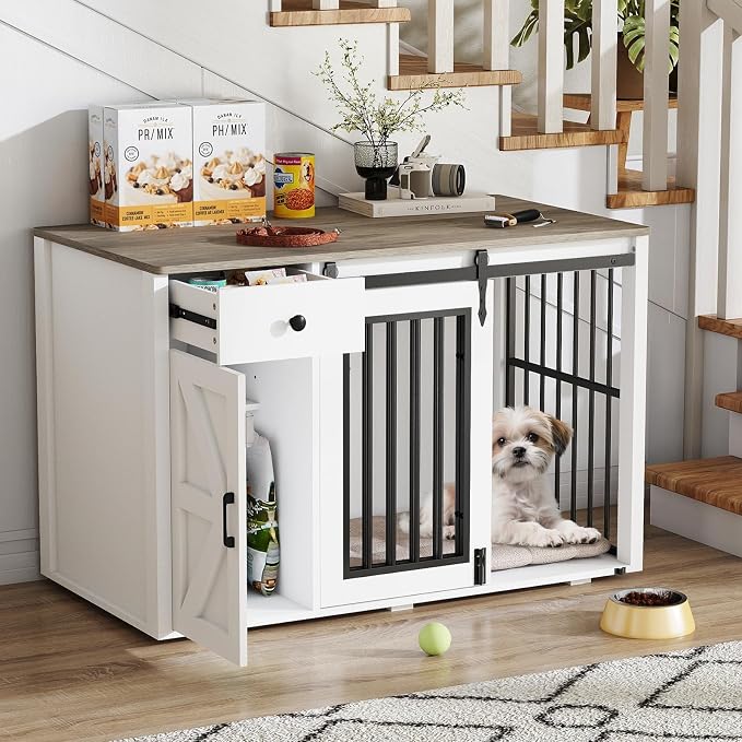 Verano Garden 44" Dog Crate Furniture, Dog Kennel (44" Left Facing Door) | 2-in-1, Lockable, Sliding Door, Removable Divider, Adjustable Shelf, Farmhouse, Heavy Duty, Small Medium Dogs, White
