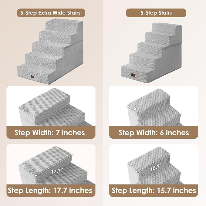 EHEYCIGA Dog Stairs for High Bed 25" H, Extra Wide Dog 5-Step, Light Grey | Pet Steps for Small Dogs and Cats for Bed, Non-Slip Balanced Pet Ramp Indoor