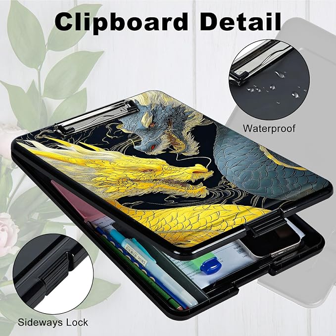 Heavy Duty Storage Clipboard, Slim Nursing Clipboard with Internal Pen Case, Portable File Organizer Case for A4 Letter Size Paper Office Medical Professionals, Gray-Yellow Dragon