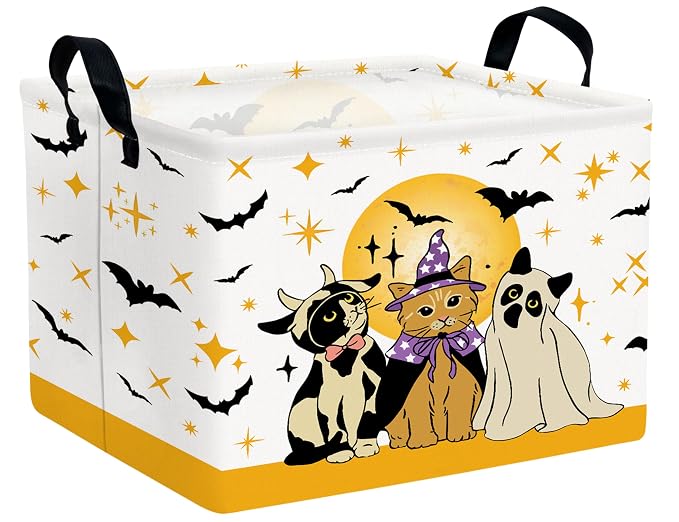 Large Halloween Themed Candy Gift Boo Basket for Kids Baby Personalized Adults Storage Bin Fall Decor(Cat Bat)