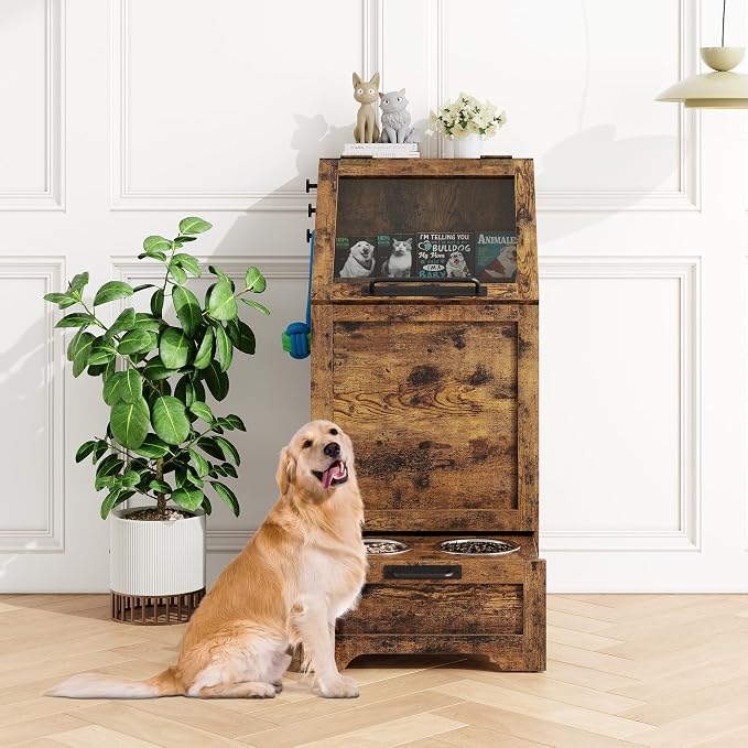 Garvee Dog Feeding Station with 2 Elevated Bowls, Brown | Wooden Dog Food Storage Cabinet, Flip Top Pet Feeding Station, Food Storage Container, Pet Toy Organizer