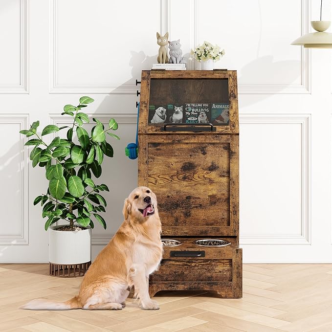 Dog Feeding Station with 2 Elevated Bowls | Pet Feeding Station,Flip Top Dog Food Storage Cabinet, Food Storage Container,Pet Toy Organizer,Modern Organizer, Brown