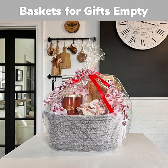 CHICVITA Small Woven Rope Gift Basket, Decorative Boo Basket, Grey | 13" x 10" x 5" Storage Baskets for Baby Shower & Nursery Essentials, Fits Shelf & Closet Organization, Built-In Handles