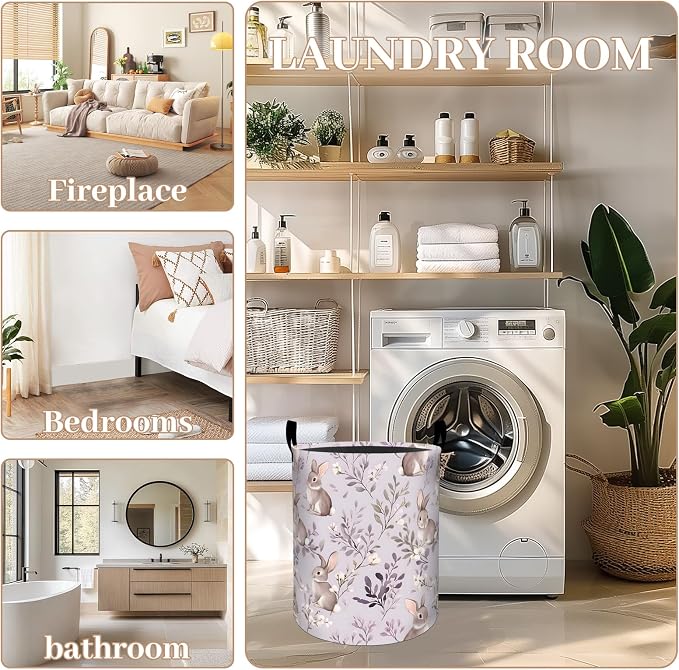 Rabbit Floral Laundry Basket, Oxford Cloth Pastel Cute Dirty Clothes Collapsible Hamper for Room Decor, Bunny and Flower Plant Print Gifts Toy Organizer 19.7*15.7 Inch for Bedroom Bathroom Dorm