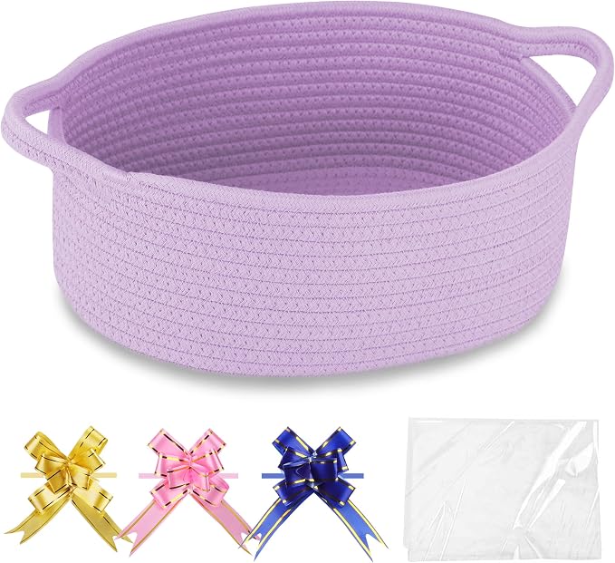 COMSE Empty Small Gift Basket with Bag & Ribbons, Purple | Cotton Rope, 12"x 8"x 5", Baby Toy Organizer, Stores Small Items for Bedrooms, Nurseries, Bathrooms, Living Rooms, Offices