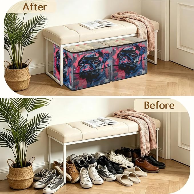 TropicalLife Pug Dog Shoe Organizer for Closet | Foldable Shoe Storage Box Bin 16-32 Pair Shoe Storage for Sneakers, Boots & Heels with Adjustable Dividers, Clear Cover