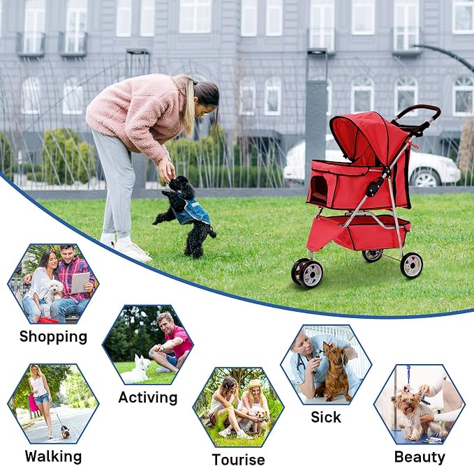 Best 3 Wheels Pet Stroller for Dog Stroller Cat Stroller, Lightweight and Foldable Pet Jogger Stroller, Carrier Strolling Cart W/Cup Holders Removable Liner for Small and Medium Dog Cat or Pet - Red