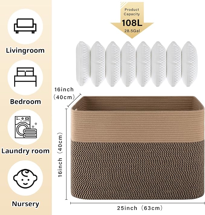 OIAHOMY 108L Extra Large Blanket Basket Dog Toy Basket Yellow | Rectangle Woven Baskets for Storage Cotton Rope Basket For Living Room Toy Storage Blanket Storage Laundry Basket