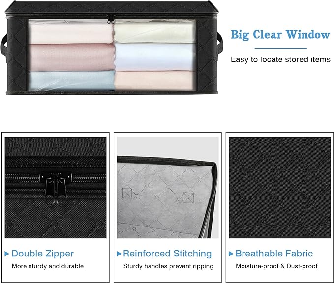 HomeHacks 6-Pack Clothes Organizer Storage Bags Foldable Storage Box with Large Clear Window Sturdy Handles for Closet, Dorm, Pillows, Bedding, Clothes, Stuffed Toys, Blankets, 35L, Black | Foldable Storage Box Container with Zippers, Clear Window, Rei...