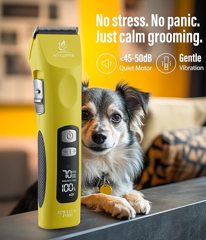 Professional Dog Grooming Clippers with 17H Runtime & Replaceable 440C Blade, 5-Speed Low Noise Electric Dog Shaver for Thick, Matted, Curly Hair, Cordless Clipper for Groomer & Home Use, Yellow