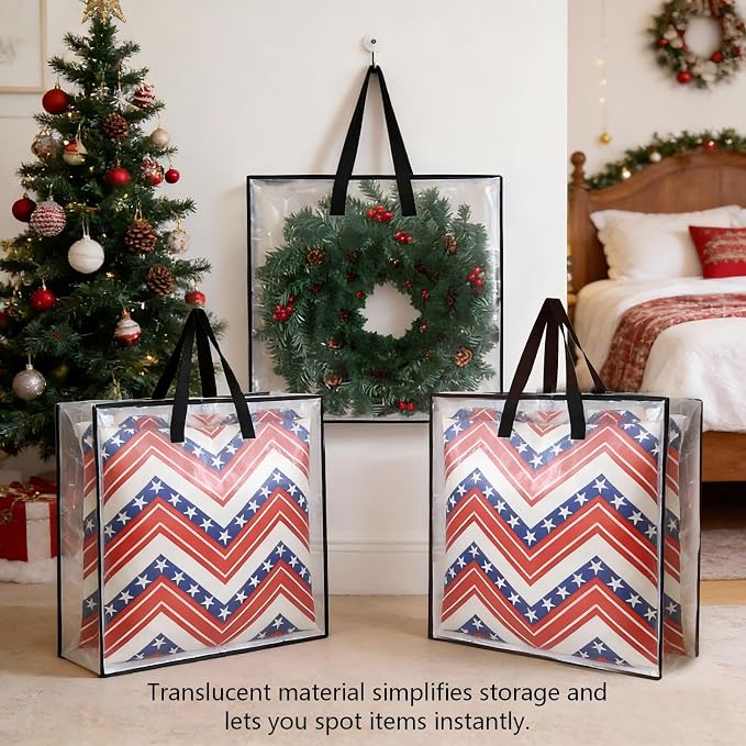 Heavy-Duty Clear Wreath Storage Bag & Sturdy Moving Box Alternative – 26 Inch Large Capacity Container with Zipper for Christmas Decorations, Seasonal Wreaths, Clothes, Bedding,Gift (4-Pack)