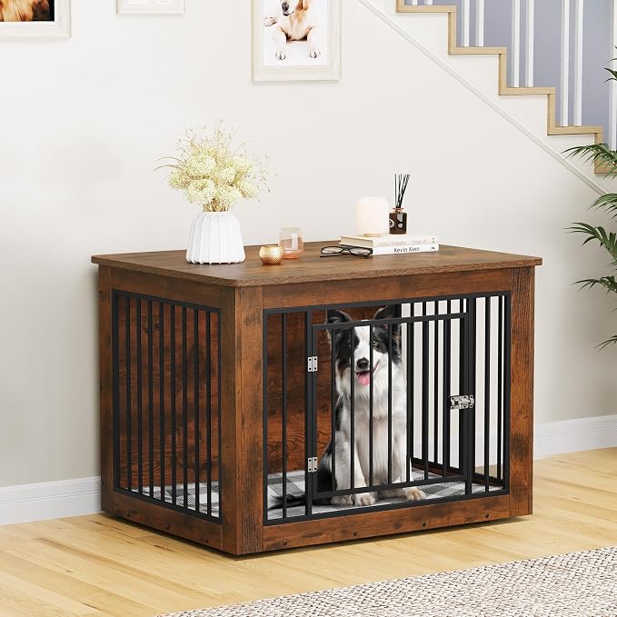 YITAHOME 38" Dog Crate Furniture 2-in-1 Iron-Wood Fusion up to 60 lb | Modern Dog Kennel Indoor Side End Table with Waterproof Top, Safety Corners, Steel Lock, Rustic Brown