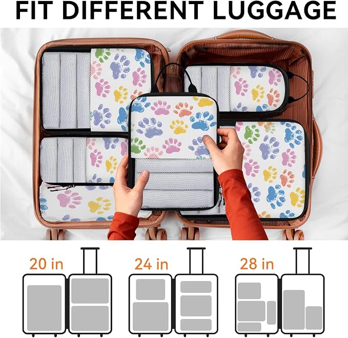 Colorful Dog Paw Compression Packing Cubes Paw Print 6 Set Travel Packing Cubes for Suitcases Lightweight Expandable Organizers