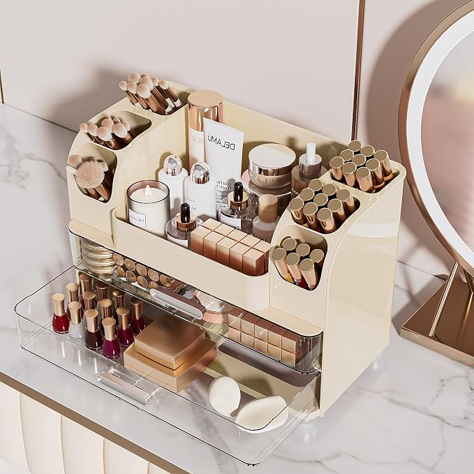 Delamu Large Makeup Organizer Countertop with 6 Brush Holders, Cream White