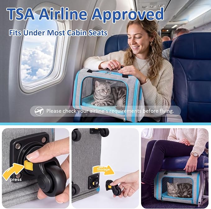 Airline Pet Carrier with Wheels, 18x11x11 for Cats & Toy Dogs | Soft-sided nylon under-seat bag, removable wheels, expandable mesh, cats & toy-breed dogs, measure pet before buying