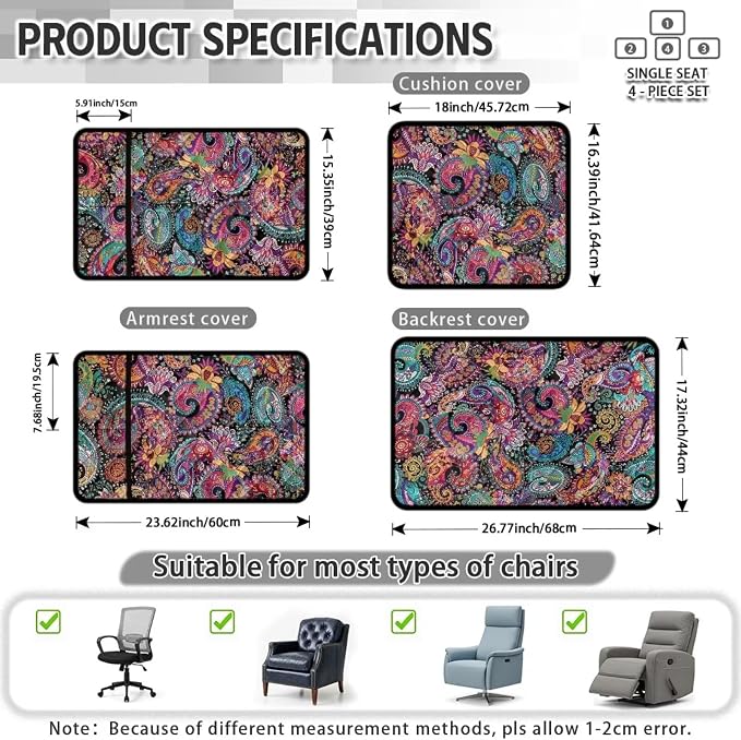 Paisley Floral Lazy Boy Recliner Chair Covers Cat Proof 4-Piece | Quilted Recliner Protectors with Pockets Non Slip Washable Elegant Chair Cover for Pet Kids Living Room Office