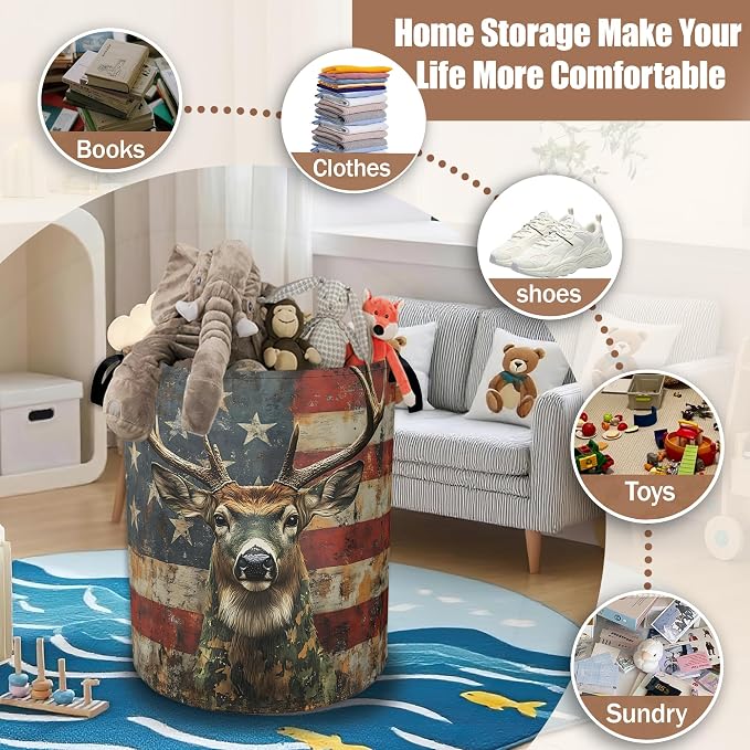American Flag Laundry Basket,Waterproof Foldable Grunge Deer Laundry Hamper,Dirty Clothes Laundry Basket, Linen Bin Storage Organizer Collection 16" x 20.8"