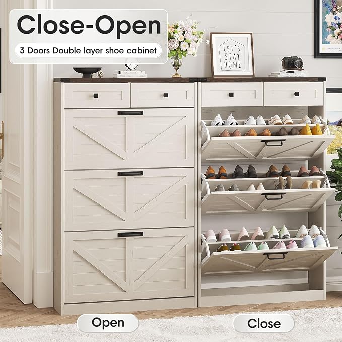 Halitaa Shoe Cabinet with 3 Flip Drawers & 2 Drawers,Freestanding Shoe Storage Cabinet for Entryway,Farmhouse Narrow Slim Organizer Rack for Foyer,Hallway,White