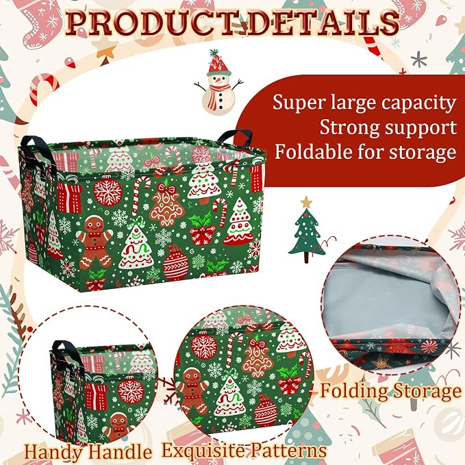 4pcs Christmas Storage Basket Fabric Laundry Baskets with Handle Xmas Foldable Organizer Boxes for Office Home Baby Cloth Toy Book 15 x 10 x 8(Retro)