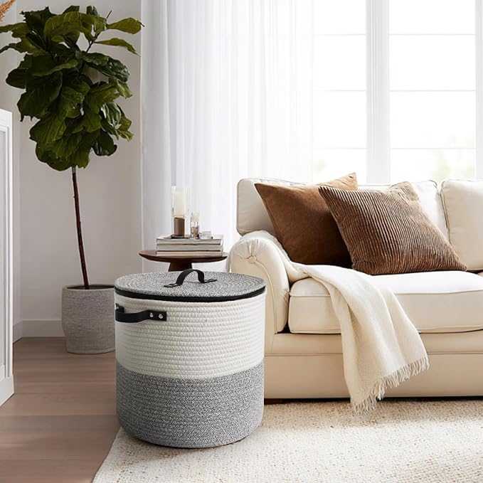 Large Basket with Lid, 18"x14" Woven Blanket Storage for Living Room, Round Cotton Rope Storage Bin with Zipper Top, Shoe Basket with Lid for Entryway, Floor Kids Dog Toy Bin Box with Cover