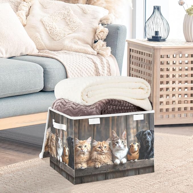 Dog Cats Fence Large Storage Bins with Linen Foldable Storage Cubes Fabric Closet Organizer Containers box with Flip-Top Lid for Home Office Closet 16.5” x 12.6” x 11.8”