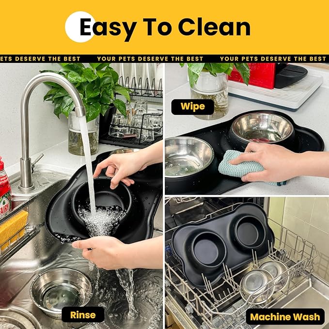 Conlun Medium Pet Feeding Station, 29oz Stainless Steel Dog Bowls Set, No Spill Food & Water Dishes with Non Slip Silicone Mat for Breeds Up to 55 Lbs,Black
