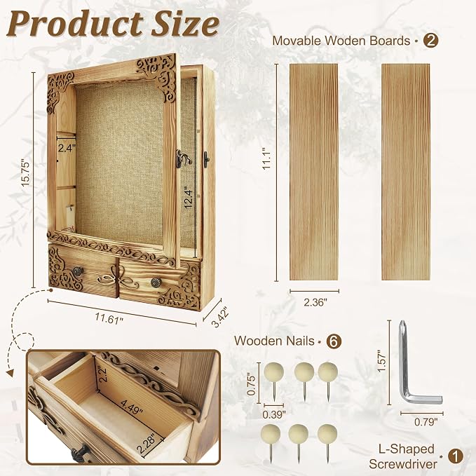 11x16 Shadow Box Frame with Light, Wedding Memorial Display Case with Shelves, Drawer and Slot for Keepsakes Large Deep Shadow Box for Flowers,Wedding Gift, Rustic Wood