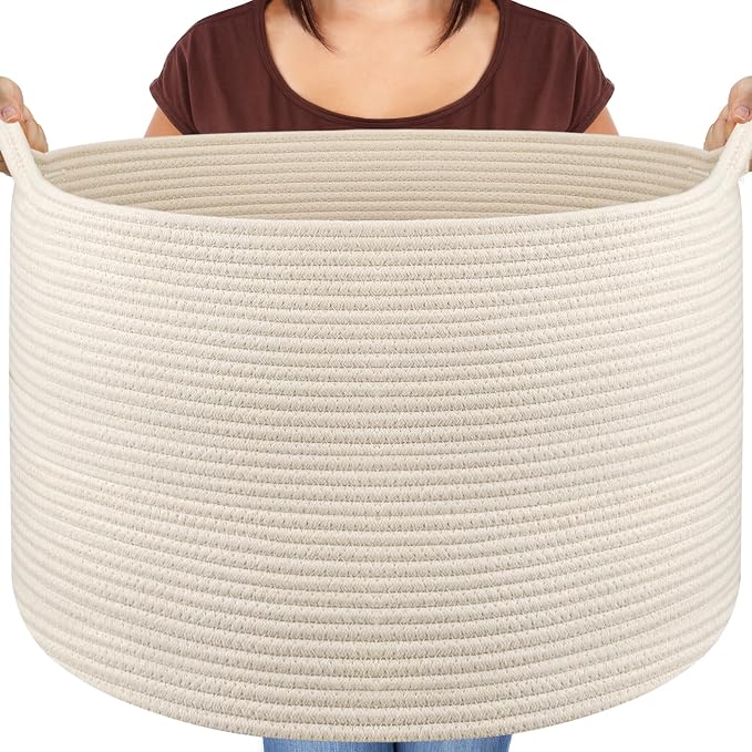 Maliton Woven Rope Blanket Basket Living Room, Storage Basket for Toy, 90L | 22"x14" Cotton Rope Basket. Holds Blankets, Toys & Towels & Laundry. For Bedroom, Nursery, Bath & Playroom. Soft & Durable