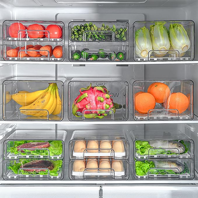 2 Pack Fridge Drawers with Lids, Stackable Pull-Out Food Bins with Lid & Vent System, PET Containers for Fruits, Veggies & Canned Goods - Versatile for Refrigerator, Freezer & Pantry
