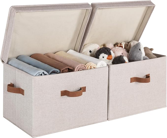StorageWorks Fabric Storage Bins with Lids, Closet Storage Bins | Flip-Top Lid, 3 Handles, Collapsible, Stackable, for Clothes Blankets, Multi-Purpose, Jumbo, Brown and Beige, 2-Pack