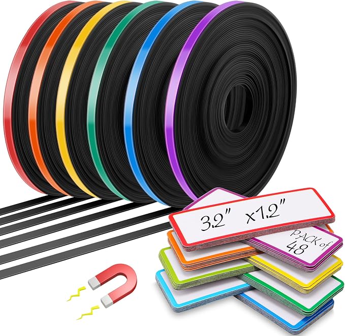 Tellegloww 6 Rolls 1/4" Magnetic Whiteboard Tape Set 33ft Magnetic Tape Roll Thin Strips Borders for Classroom Whiteboard with 48pcs Dry Erase Labels for Classroom School Office Home Students
