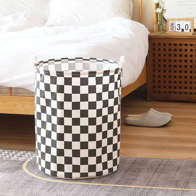 Sea Team Large Canvas Laundry Basket with Handles, Black Grids | Collapsible Fabric Laundry Hamper, Closet Shelf Organizers, Containers for Clothing, Blankets, Toys, Bedding, 19.7 x 15.7”