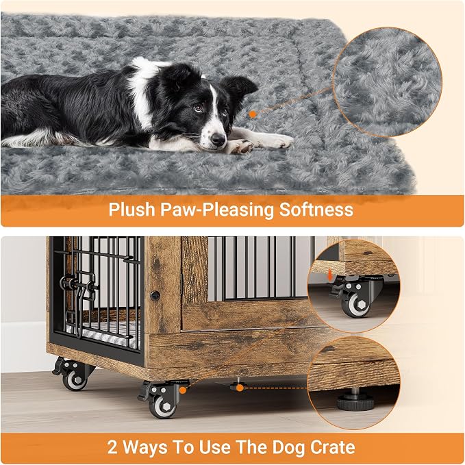 Small Dog Crate Furniture, 27.1'' Heavy Duty Kennel with Cushion & Wheels | Rustic Brown, Double Doors, Wooden Dog Cage, Chew-Resistant, End Table, Decorative, 27"/32"/38"/44" Options, Indoor
