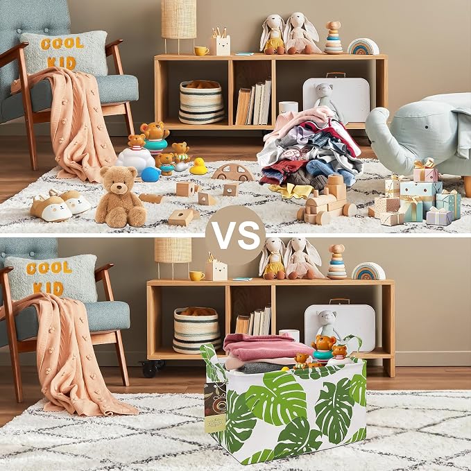 Rectangle Foldable Storage Basket Handles For Home, Leaf | Waterproof canvas material, reinforced handles, perfect for shelf use, organizes clothes, daily items and pet supplies