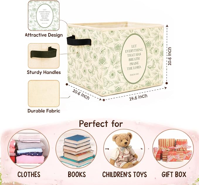 Bible Verse Storage Bin, Foldable Fabric Basket for Kids Room Nursery | Foldable fabric storage bin with Psalm 150:6 butterfly design for toys, books, clothes, nursery, bedroom, and playroom use.