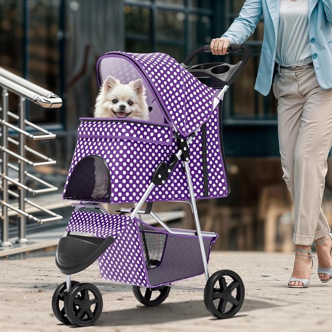 Magshion 3-Wheel Pet Stroller for Small/Medium Dogs & Cats, Up to 33lbs | Foldable Travel Jogger w/ Breathable Mesh Cover, Lightweight Design, Safety Tethers, Cup Holder & Storage Basket