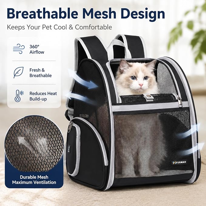 Cat Backpack Carrier for Small Dogs and Medium cat Puppy Kitten Bunny Pet Carrier Backpack Collapsible with Fully Ventilated Mesh with Safety Leash (Black, 12.9" L x 10.62" W x 15.5" H - M)