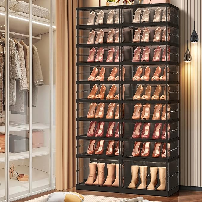 CIMLORD 9-Tier Foldable Shoe Rack, Magnetic Clear Doors, 36 Pairs, Black | Collapsible Large Plastic Shoe Cabinet, Stackable, Lidded, Tool-Free Assembly, Fits Boots & Sneakers, Closet & Entryway