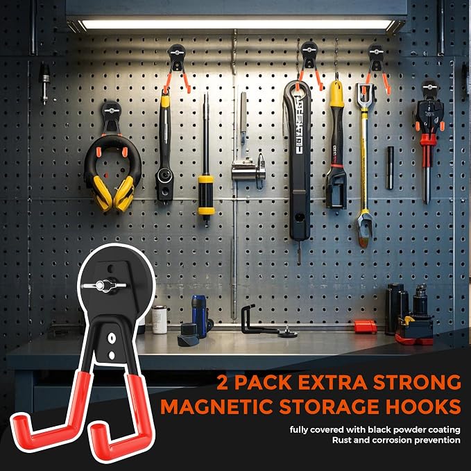 Large Strong Magnetic Hooks Heavy Duty Garage Big Magnet Hooks Extra Strength Magnetic Utility Storage Hook Hanger with Anti Slip Coating for Garden Indoor Outdoor Hanging Tools 2 Pcs Orange